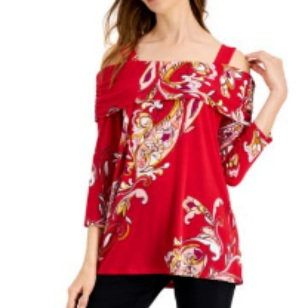 JM Collection Red Paisley Print Cold Shoulder Top NWOT  Size L